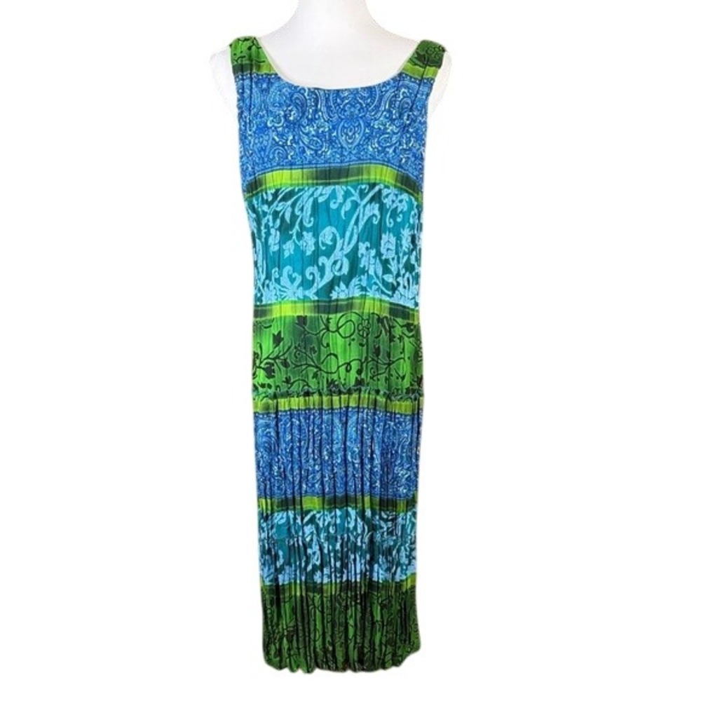 Sheri Martin New York Women Blue Green Paisley Floral Pleated Maxi Dress Size 10